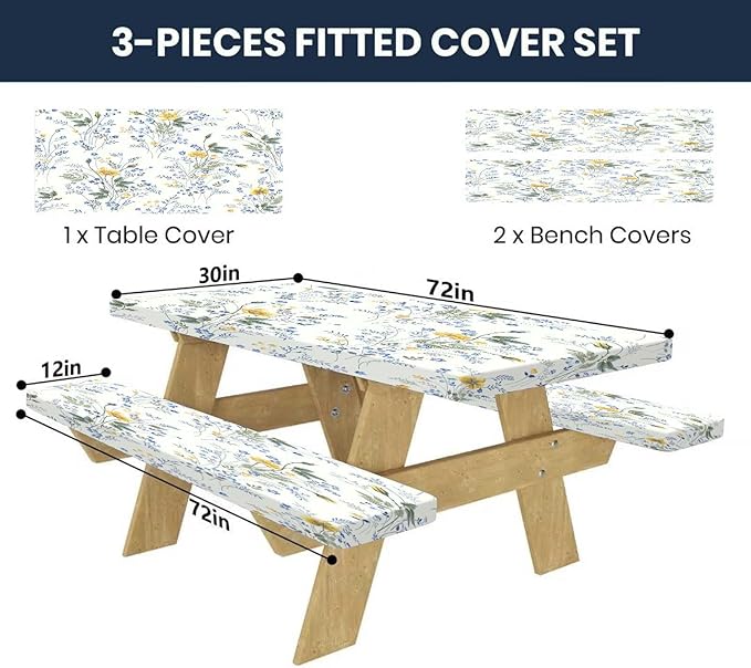 CAPSCEOLL Picnic Table Cover with Bench Covers Wind & Water-Resistant Camping Tablecloth Outdoor Table Protector with Drawstring Bag for Camping Essentials, 72X30in, Blue Yellow Flowers