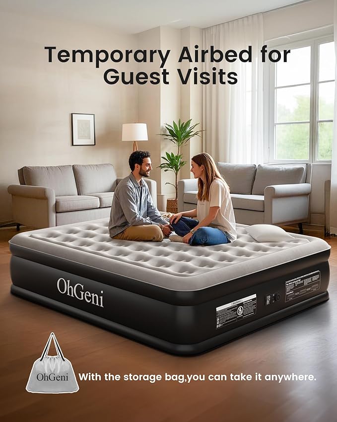 OhGeni Cal King Air Mattress with Built-in Pump, 18" Tall Inflatable Blow Up Air Bed with Carrying Bag for Camping, Guest. Raised Elevated High Airbed, Foldable & Portable Colchon inflables, Black