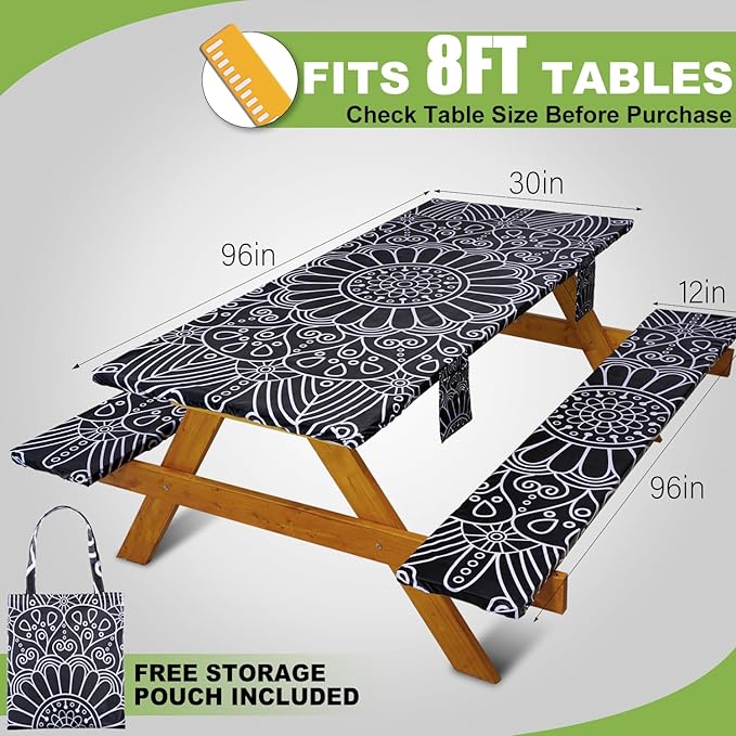 Picnic Table Cover with Bench Covers Vinyl Elastic Edges Fitted Rectangle Tables Seat Waterproof 3-Piece 96X30in Set Outdoor Rectangular Folding Backing Tablecloth Camping Over Size BlackMandala