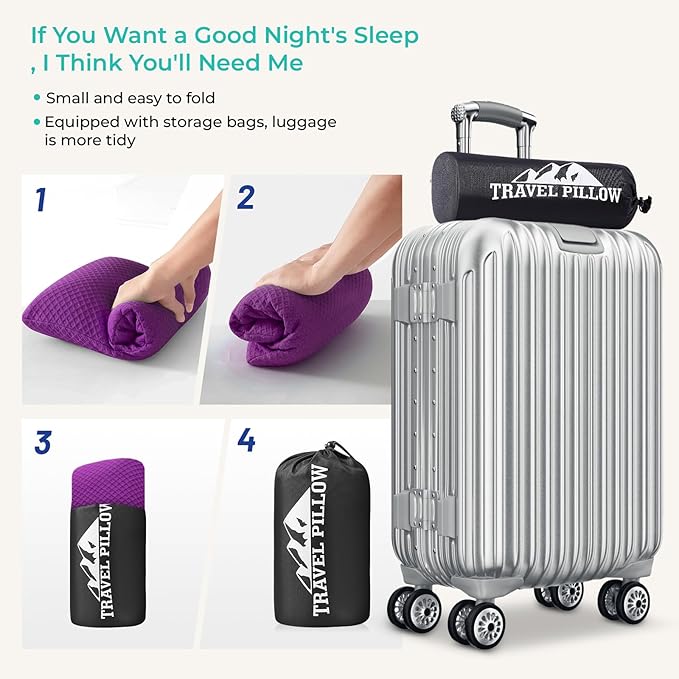 Travel Pillow Memory Foam Pillows, Camping Pillow-Compressible Medium Firm, Breathable Cover, Ideal Backpacking Hiking, Bed Pillows, Airplane and Car (Purple, S)