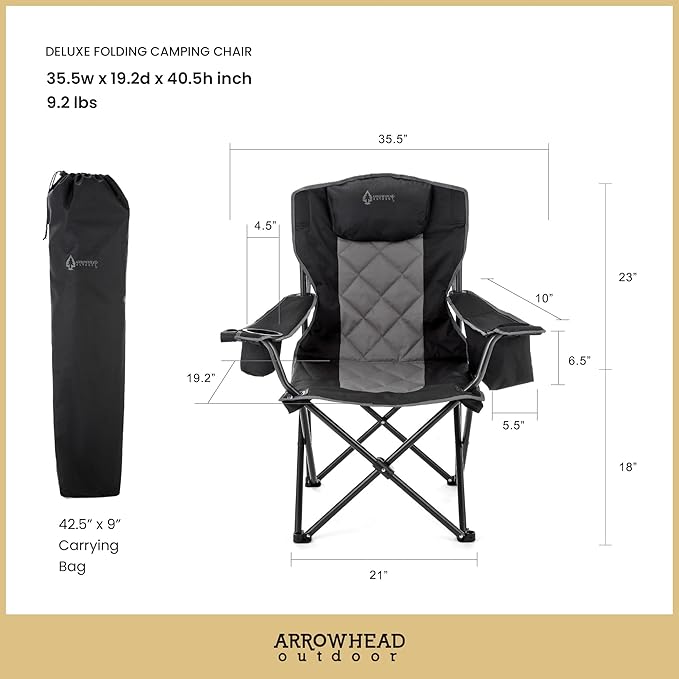 ARROWHEAD OUTDOOR 2-Pack Portable Folding Camping Quad Chair w/ 6-Can Cooler, Cup & Wine Glass Holders, Heavy-Duty Carrying Bag, Padded Armrests, Headrest & Seat, Supports up to 550lbs