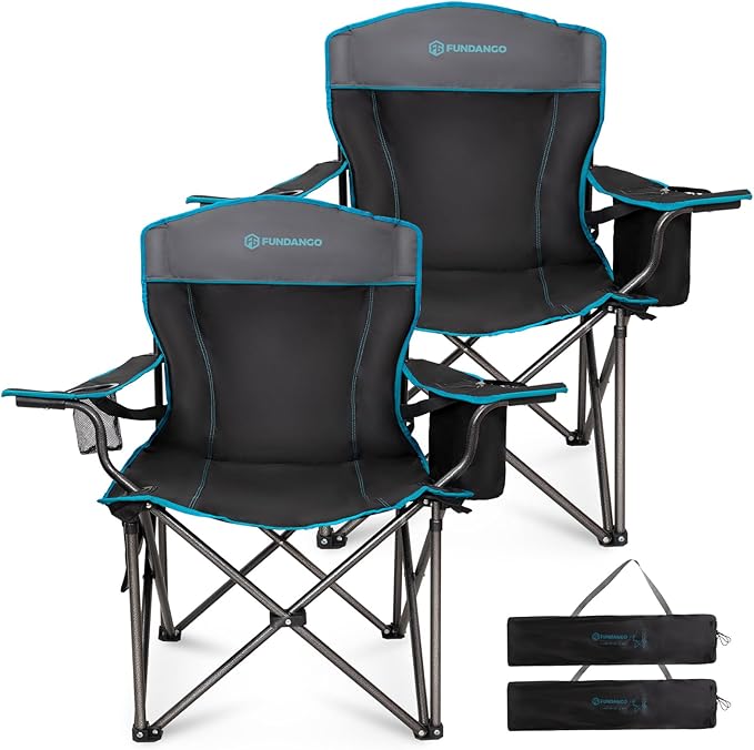 FUNDANGO Oversized Camp Chair for Adults, 2 pack,Heavy Duty Portable Foldable Lawn Chair with padded Seat & back, Lumbar Support, 4-can Cooler & Cup holder, Carry bag included for outdoor (Black/Grey)