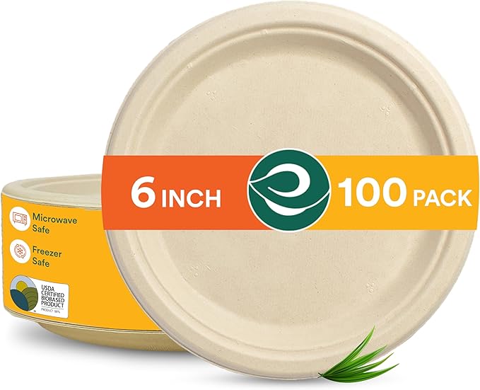 ECO SOUL 100% Compostable 6 Inch Small Paper Plates (100-Pack) Disposable Party Heavy Duty, Eco-Friendly, Appetizer, Dessert, Wedding Plates I Biodegradable Unbleached Sugarcane Eco Plates