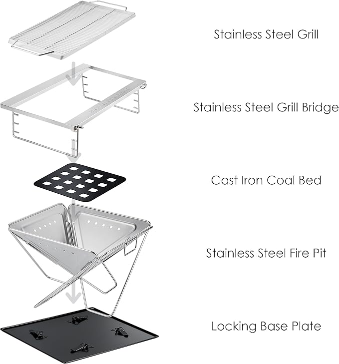 Explorer Bear 20" Stainless Steel Foldable Takibi Fire & Grill with Carrying Bag, Grill Bridge, and Coal Bed | Portable Wood Burning Fire Pit | Perfect for Camping, Outdoors, Patios