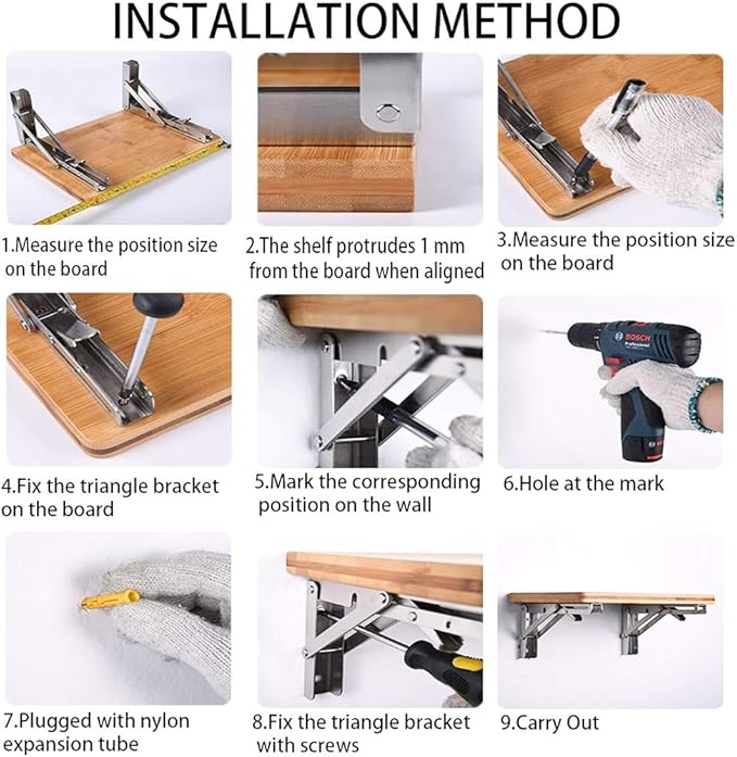Storystore Folding Shelf Brackets - 10 Inch Heavy Duty Stainless Steel Collapsible Shelf Bracket for Bench Table, Space Saving DIY Bracket, Max Load: 550lb （2 PCS）