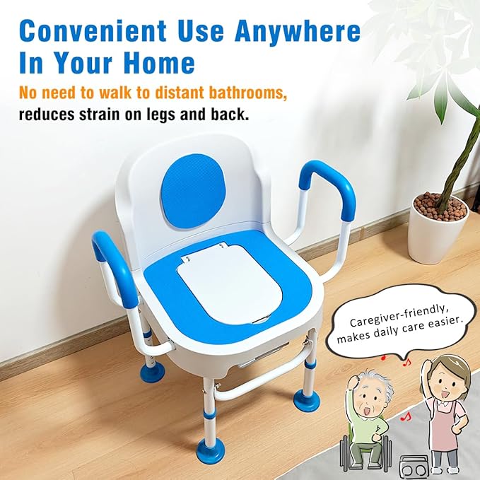 Lumizone Portable Toilet Chair for Elderly Adjustable Bedside Commode with Armrests & Sliding Bucket 5-Level Height Odor-Proof Double Lid Non-Slip Feet Supports 220 lbs, Lightweight for Home/Travel