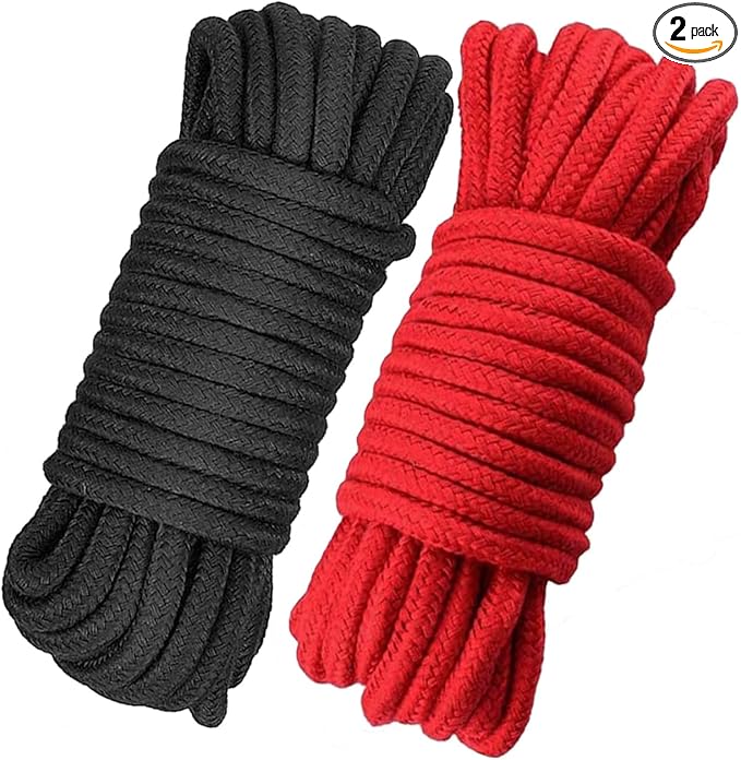 Soft Cotton Rope, 32 feet / 10m Rope, 8mm Thick, Soft Rope, Long Rope, Soft Tying Rope (Black + Deep red)