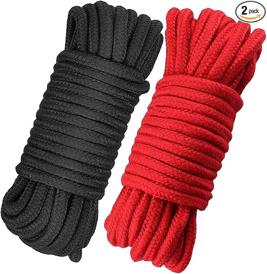 Soft Cotton Rope, 32 feet / 10m Rope, 8mm Thick, Soft Rope, Long Rope, Soft Tying Rope (Black + Deep red)