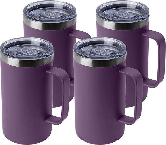 DOMICARE 24oz Mug with Handle and Lid, Stainless Steel Coffee Mug, Travel Mug with Handle, Double Wall Vacuum Coffee Tumbler, Reusable Insulated Cup, Dark Purple, Pack 4