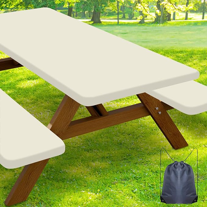 Smiry Picnic Table Cover with Bench Covers, Waterproof Elastic Fitted Polyester Tablecloths for 6 Ft Rectangle Tables, Washable Windproof Tablecloth for Camping, RV & Outdoor (Beige, 30x72 Inches)