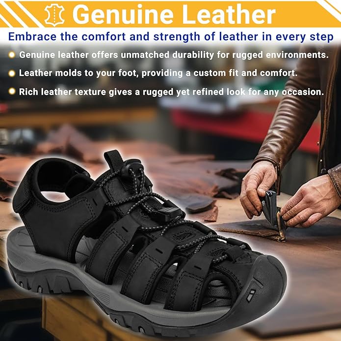 Men's Sport Sandals Closed Toe Leather Hiking Athletic Walking Outdoor Beach Trail River Fishing Water Shoes Lightweight Comfortable Waterproof