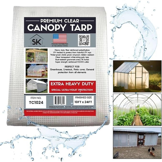 16 Mil Clear Poly Heavy Duty Tarp with Fiber Reinforcement - True Size Tarps with UV Protection, Tear Resistance, Flexibility, Reinforced Corners 10x24
