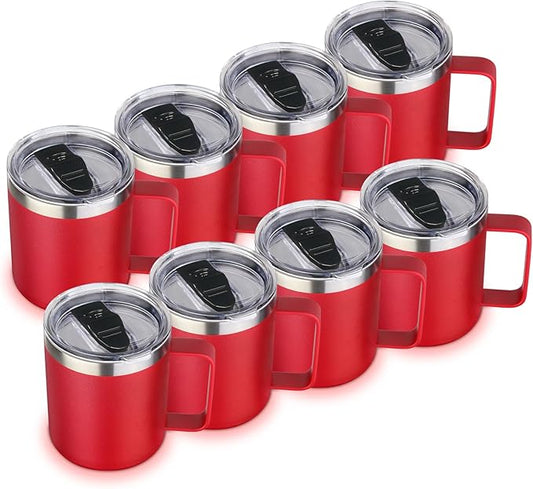 Volhoply 14oz Insulated Stainless Steel Coffee Mug with Lid Bulk 8 Pack,Double Wall Vacuum Travel Coffee Cup with Handle,Reusable Metal Cups Tumbler,Camping Mugs Keep Hot,Ideal Gifts(Red,8)