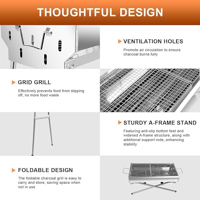 Portable Charcoal Grill, Foldable Stainless Steel Grill with Storage Shelf and non-slip feet - ideal for outdoor Kabob cooking, picnics and camping (lager)