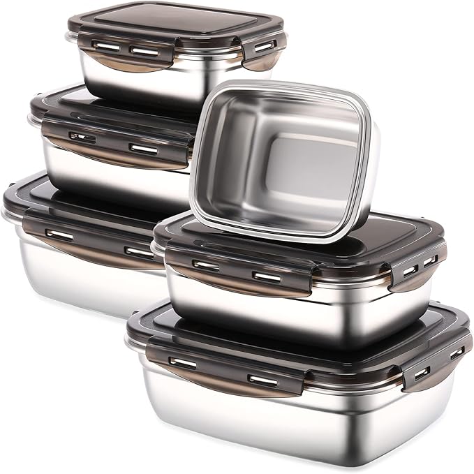 Nuanchu 6 Packs Stainless Steel Food Storage Containers Airtight Metal Food Containers Meal Prep Container Leak Proof Stackable Bento Lunch Box with Lids for Kitchen Travel Picnic and Camping(Black)