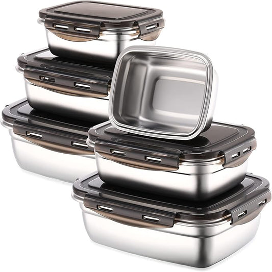 Nuanchu 6 Packs Stainless Steel Food Storage Containers Airtight Metal Food Containers Meal Prep Container Leak Proof Stackable Bento Lunch Box with Lids for Kitchen Travel Picnic and Camping(Black)