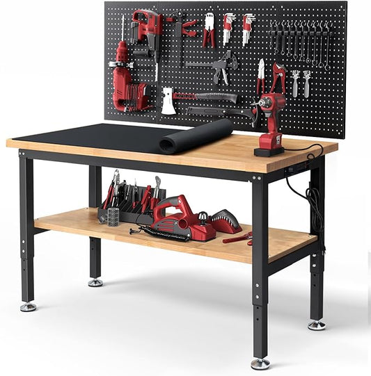 Work Table for Garage 60 Inch Workbench with Storage Adjustable Height Rubber Wood Tabletop Work Bench with Power Outlets Pegboard Pad for Cutting Wood Shop Woodworking Home Office
