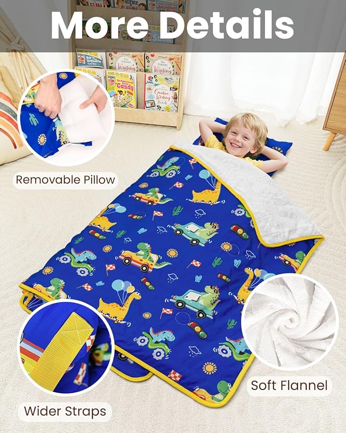 Primlect Toddler Nap Mat with Removable Pillow and Flannel Blanket, Portable Kids Sleeping Bag, Easy to Carry on The Go, Perfect for Daycare, Preschool, Boys and Girls, 12 Months - 6 Years
