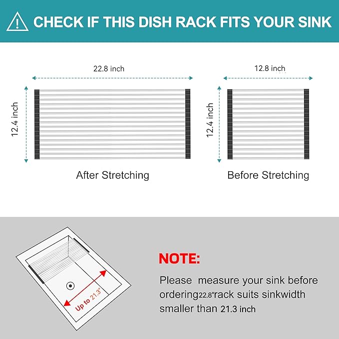 BBXTYLY Extra Expandable Roll Up Dish Drying Rack,Over The Sink Drying Rack Sink Cover Kitchen Sink Accessories Kitchen Rolling up Stainless Steel Drainer, Foldable,Rollable（Black，22.8''-12.4''）