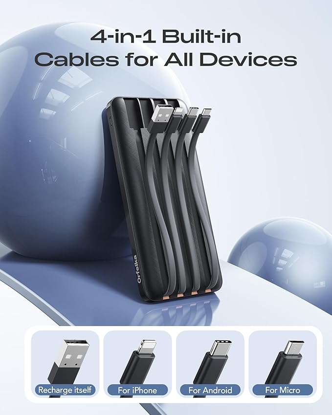 20000mAh Power Bank Fast Charging, Portable Charger with 4 Built-in Cables & 6 Outputs, 20W PD USB C Battery Pack Compatible with iPhone 16/15, Galaxy, Android, iPad & More (Travel Essential)