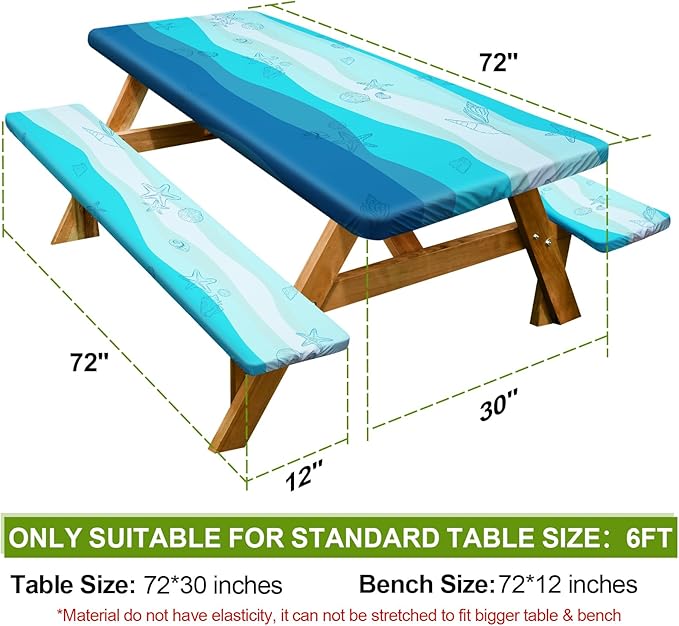 Picnic Table Cover with Bench Covers Camping Essentials Waterproof Windproof Camping Tablecloth with Drawstring Bag, Fitted Rectangle Tables and Seats, 72in, Sky Blue