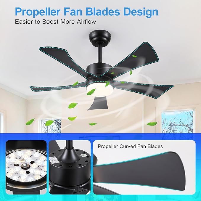 42 inch Ceiling Fans with Lights, Modern Black Ceiling Fan with Remote Control App, DC Motor Quiet, 3CCT Dimmable Memory, Led Sloped Flat Ceiling Fan with Light for Bedroom Indoor&Outdoor Patio