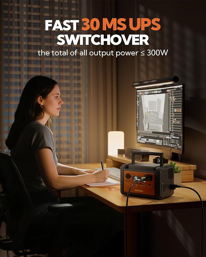 Portable Power Station 92800mAh, 297Wh LiFePO4 Battery, 1.2H Fast Charging, <30 MS UPS, 300W (600W Surge) Solar Generator for Camping, Emergency, and Outdoor Use