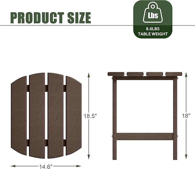 TORVA Patio Adirondack Side Table, Outdoor End Tables All-Weather Resistant HDPE Humidity-Proof Long Time Use for Deck, Lawn,Garden, Porch, Backyard End Table（Brown Color-1 Tier）