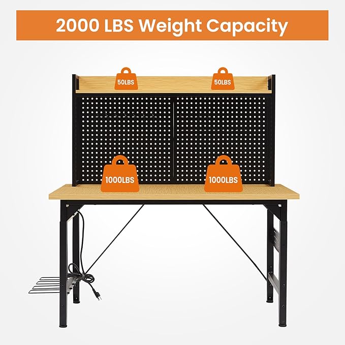 48'' Adjustable Workbench with Pegboard, Heavy Duty Wooden Desktop Workbench with Wheels, 2000 lb. Load Capacity, Rolling Workbench with AC/USB Outlet, Hooks, Shelf, for Garage, Workshop, Office, Home