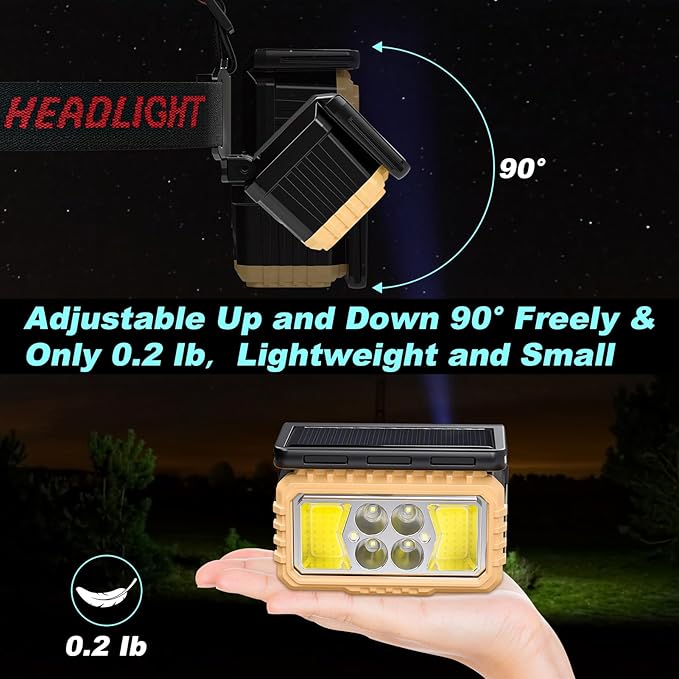 KERNOWO Solar Headlamp for Camping,Rechargeable LED Headlight for Adults with Motion Sensor, Six Adjustable Modes, Waterproof,Lightweight,Flashlight for Cycling,Hiking,Fishing,2-Pack,Black