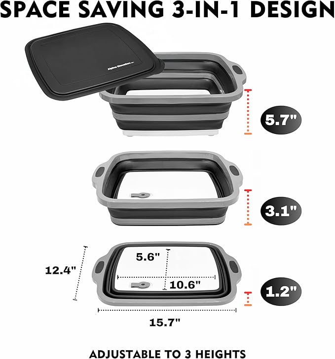 Collapsible Large (8L) BBQ Marinating Tub w/Cutting Board | Multipurpose Food-Grade TPE Prep Tub w/Lid | Built-in Colander & Drain Plug - for Camping | Tailgate | Picnic - Slate Black