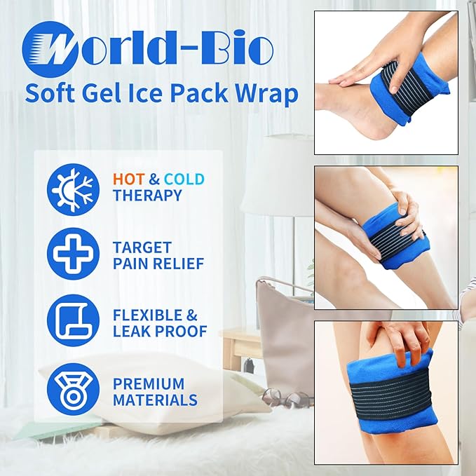 Soft Gel Ice Pack for Injuries Reusable, Flexible Hot Cold Pack for Neck Head Shoulder Knee Ankle Wrist Elbow, Medical Cold Pack for First Aid, Migraines (12'' X 4.7''- 1 Ice Pack & Wrap)