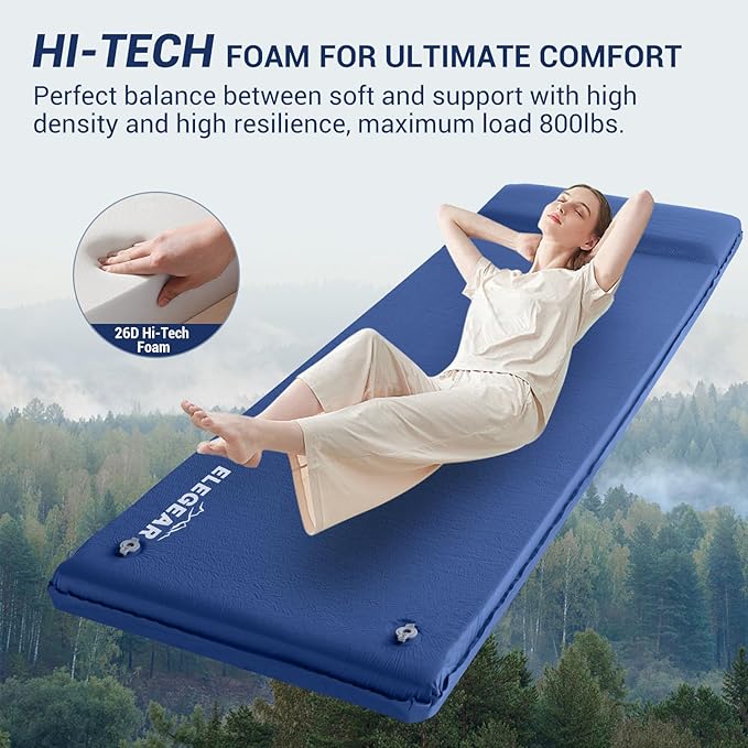 Elegear Self Inflating Sleeping Pad, 3.15" Ultra-Thick Memory Foam Camping Pad with Pillow Fast Inflating in 20s Insulated Camping Mattress Pad 4-Season Camp Sleeping Mat for Camp/Travel/Car/Tent