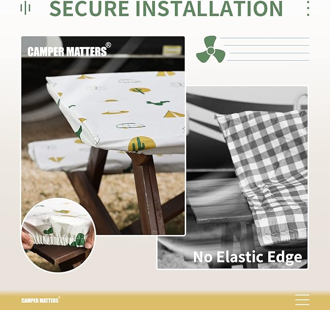 Picnic Table Cover and Bench Covers, Fitted Tablecloth Cover with Elastic Edge, Water and Oil Proof, for Outdoor, Garden, Camping, 72x28 Inch, 3 Pieces Set, Blue & White, Camping Cartoon