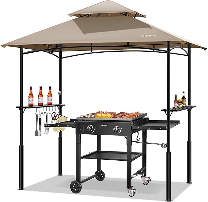 VIVOHOME Grill Gazebo Outdoor BBQ Patio Canopy Tent with Double Tiered Vented Top & 2 Side Shelves, Taupe