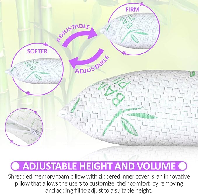 King Size Rayon Derived from Bamboo Pillow for Sleeping, Cooling Shredded Memory Foam Bed Pillows Set – Back, Stomach, Side Sleeper, Removable Cover, Adjustable Firmness, King (Pack of 1)