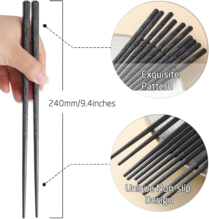 200 Pairs Reusable Fiberglass Chopsticks Dishwasher Safe 9.4 Inches/24cm Non-Slip Japanese Style Sushi Chop Sticks for Restaurant&party, Black
