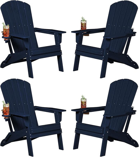 Folding Adirondack Chair, SGS Tested, Wooden Textured with Cup Holder, Heavy All-Weather HDPE Comfortable Set Poolside Backyard Lawn Navy Blue Set 4
