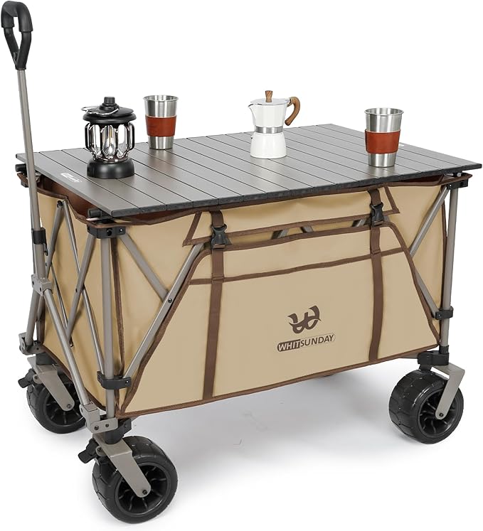 Whitsunday Collapsible Heavy Duty Wagon with All Terrian Wheel, 440Lbs Foldable Utility Camping Park Wagon Cart with Table for Beach