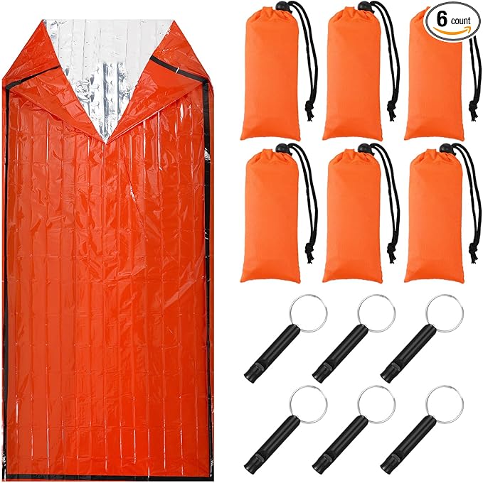 Qunclay 6 Set Emergency Sleeping Bag Portable Bivy Sack with Whistles Thermal Waterproof Survival Bag Foldable Lightweight Emergency Supplies for Outdoor Travel Camping Hiking