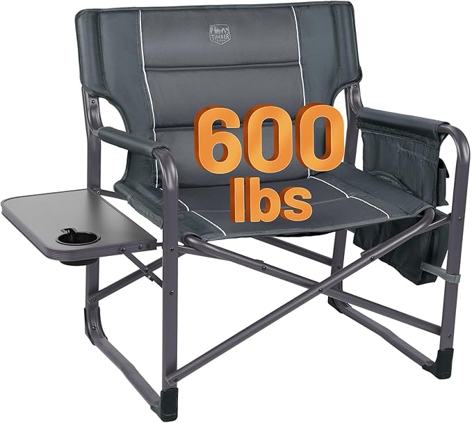 TIMBER RIDGE XXL Upgraded Oversized Directors Chairs with Foldable Side Table, Detachable Side Pocket, Heavy Duty Folding Camping Chair up to 600 Lbs Weight Capacity (Gray) Ideal Gift