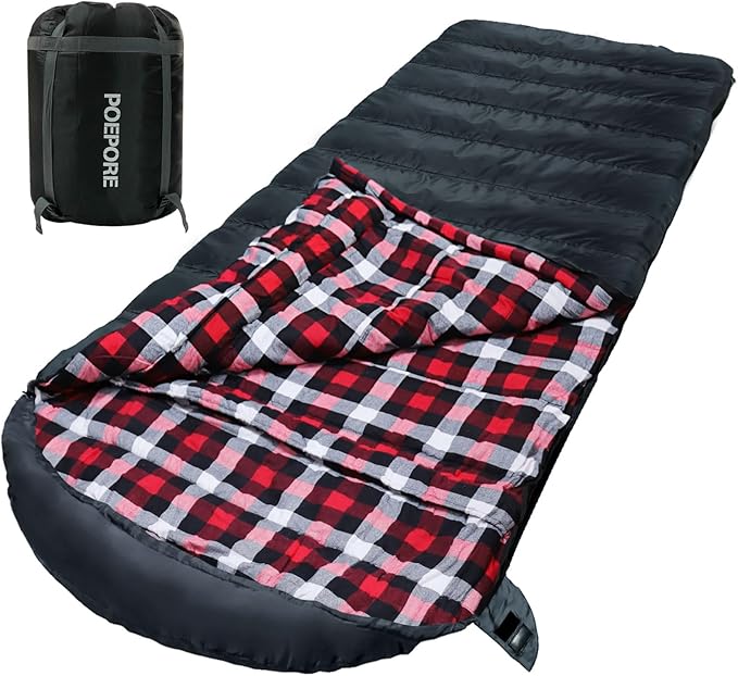 0 Degree Sleeping Bag 100% Cotton Flannel XXL Cold Weather Winter Oversized Sleeping Bag for Adults Camping Zero Degree Big and Tall with Compression Sack