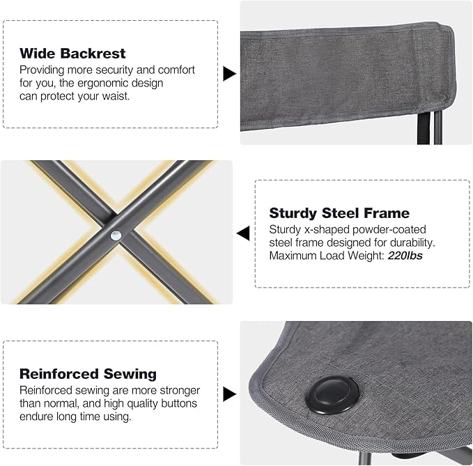 REDCAMP 2 Pack Tripod Camping Chairs Folding Lightweight, Portbal 3 Legged Tripod Stool Seat with Cup Holders, Small Fishing Chairs Compact for Adults Golf, Hunting,Dark Grey