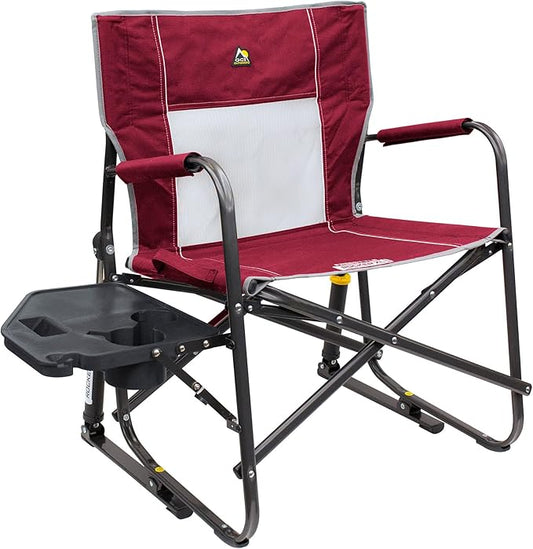 GCI OUTDOOR Freestyle Rocker XL with Side Table Camping Chair | Portable Folding Rocking Chair with Solid, Durable Armrests, Drink Holder & Comfortable Backrest — Red