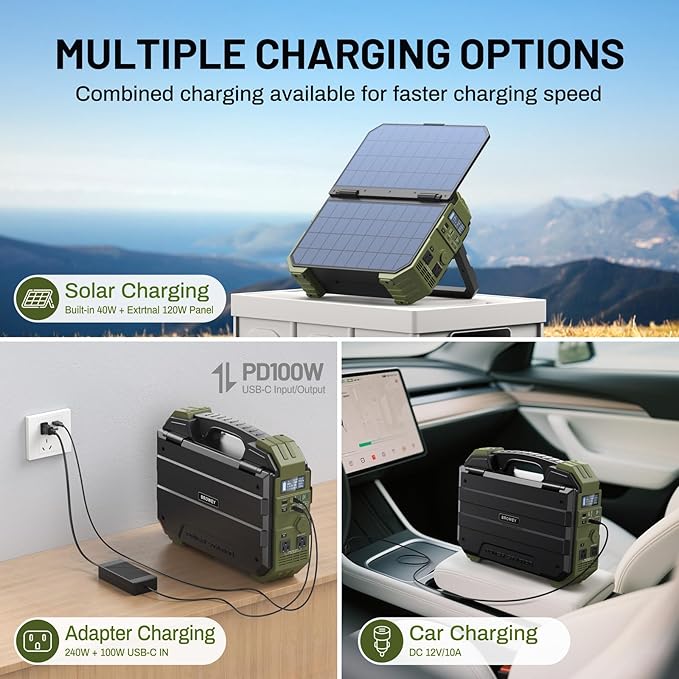 BROWEY 1600W (3200W Peak) Portable Power Station, 1024Wh LiFePO4 Battery with Built-in Solar Panel, 100W USB-C PD, Solar Generator for Camping, RV, Home Backup, Emergency