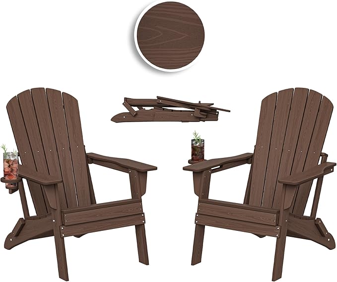 Folding Adirondack Chair Set of 2, Cup Holder，Wooden Textured ，Heavy All-Weather HDPE Comfortable Set Poolside Backyard Lawn Coffee