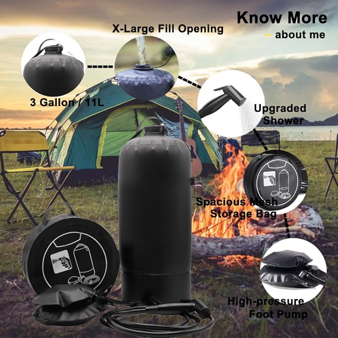 Portable Shower for Camping Outdoor, 3 Gallons Camping Shower Bag with Foot Pump - Camp Shower for Surfing, Traveling, Pet Cleaning, Car Washing, Beach & Emergency