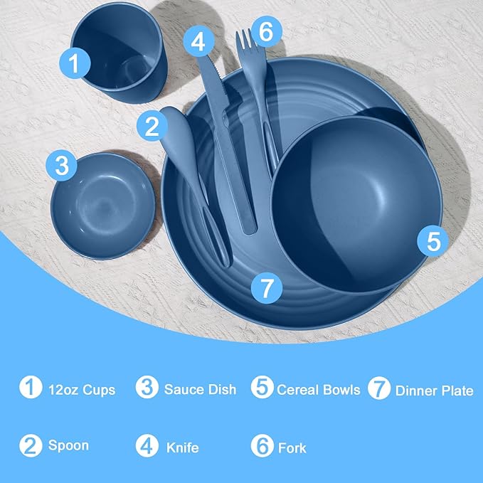 Wheat straw plates and bowls sets with cutlery - Unbreakable wheat straw dinnerware sets - Dishwasher safe plates,bowls,cups for apartment.Blue
