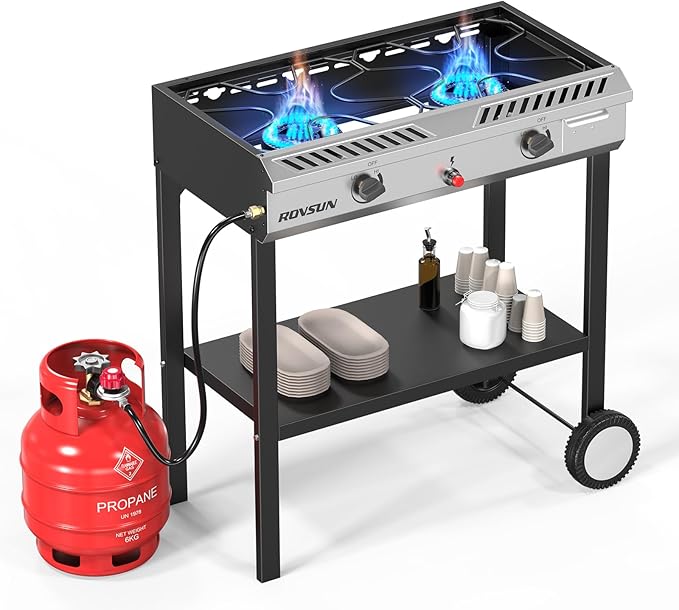 ROVSUN 2 Burner Outdoor Propane Gas Stove with Auto-ignition, Regulator & Shelf, 150,000 BTU Powerful Stand Cooker for Backyard Patio Cooking Home Brewing Canning Turkey Frying