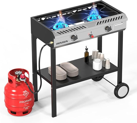 ROVSUN 2 Burner Outdoor Propane Gas Stove with Auto-ignition, Regulator & Shelf, 150,000 BTU Powerful Stand Cooker for Backyard Patio Cooking Home Brewing Canning Turkey Frying